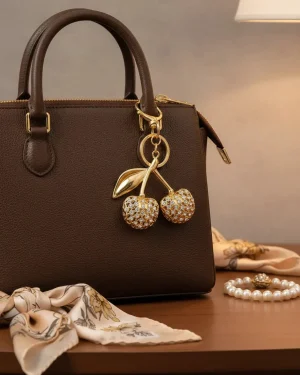 Llavero Charm Cerezas Doradas Con Brillo Plateado