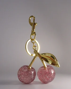 Llavero Charm Cerezas Rosas Brillo Plateado Hoja Dorada